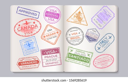 Passport stamps. Travel and immigration marks collection, arrival and departure airport stamps. Vector countries isolated signs in passport, as a concept of security and entry control