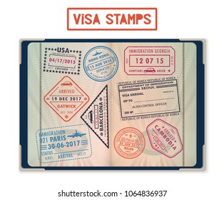 Passport with stamps for United States of America or USA, Korea Seoul, Cambodia and Paris, Hong Kong, China and France, London Gatwick, Georgia. Journey and travel, tourism and immigration theme