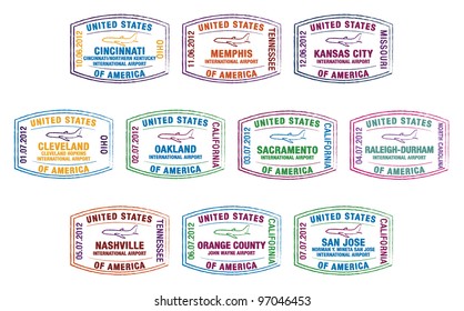 Passport Stamps Of US Airports In Vector Format.