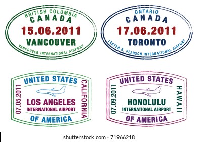 Passport Stamps Of The US And Canada In Vector Format.