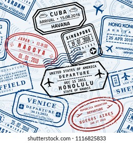 Passport stamps vector background - travel stamp seamless texture (fictitious stamps).