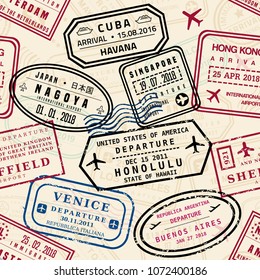Passport stamps vector seamless pattern - travel stamp theme (fictitious stamps).