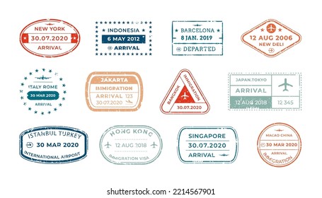 Passport stamps visa arrival deportation and visiting countries. Traveler set of stickers with aged ink outline textures. Vector illustration