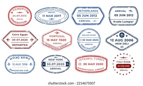 Passport stamps visa arrival deportation and visiting countries. Traveler set of stickers with aged ink outline textures. Vector illustration