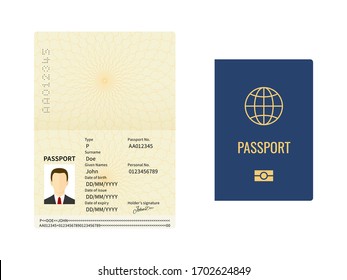 Passport Template. Closed And Open Document For Travel And Immigration, Identity Pages With Male Photo, Sample Data And Signature Vector Mockup