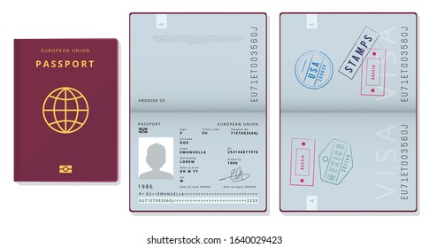 Passport template. Official id document visa sapling pages cards legal travel badges vector pictures