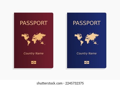 Passport template in red and blue. Isolated passport cover design. Biometric symbol at the bottom.