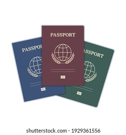 Passport templates with reddish, blue, green covers, and golden elements. The document has a simple globe icon and olive branches.