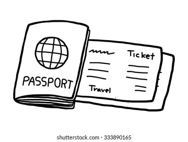 passport and ticket / cartoon vector and illustration, black and white, hand drawn, sketch style, isolated on white background.