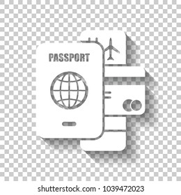 passport, ticket, credit card. air travel concept. White icon with shadow on transparent background