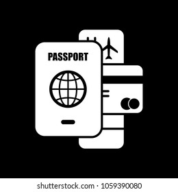 passport, ticket, credit card. air travel concept. White icon on black background. Inversion