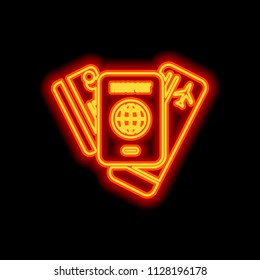 passport, ticket, credit card. air travel concept. Orange neon style on black background. Light icon