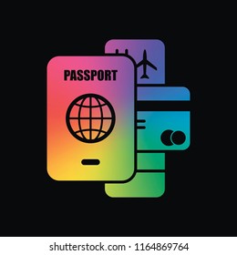 passport, ticket, credit card. air travel concept. Rainbow color and dark background