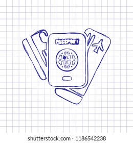passport, ticket, credit card. air travel concept. Hand drawn picture on paper sheet. Blue ink, outline sketch style. Doodle on checkered background