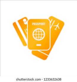 passport, ticket, credit card. air travel concept. Orange sign with low light on white background