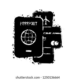 passport, ticket, credit card. air travel concept. Black ink with splashes on white background