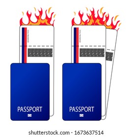 Passport and ticket with fire. Vector flat cartoon color illustration isolated on white background. For web, poster, info graphic epidemic coronavirus