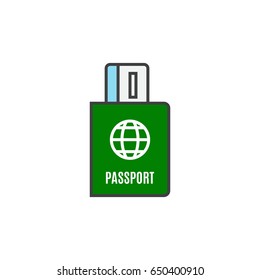 Passport with ticket flat line icon.