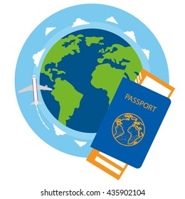 Passport, ticket, globe, plane. Resorts and tourism. Color illustration on the theme of travel.