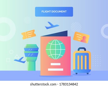 Passport ticket identity background of suitcase airnav tower plane flight document concept with flat style.