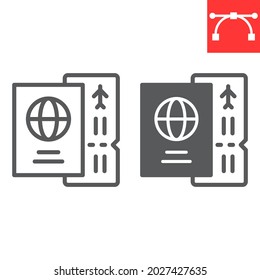 Passport with ticket line and glyph icon, travel and tourist, passport vector icon, vector graphics, editable stroke outline sign, eps 10