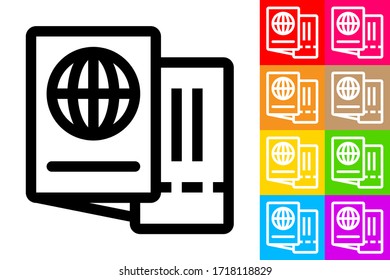 Passport and Ticket. Line Icon With Different Color Background.