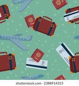 Passport and ticket for plane, briefcase of business person. Traveling and having trip, vacation or meeting in another country. Seamless pattern print, background or wallpaper. Vector in flat style