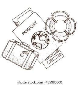 Passport, ticket, suitcase and a lifebuoy. Outline illustration on the theme of travel.