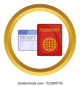 Passport and ticket vector icon in golden circle, cartoon style isolated on white background
