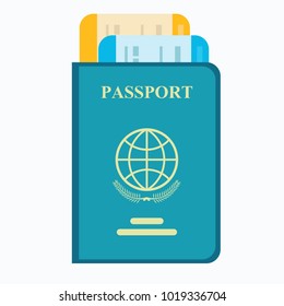 Passport with tickets. Air travel concept. Flat Design citizenship ID for traveler isolated. Blue international document. Stock flat vector illustration.