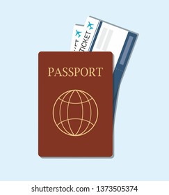 Passport with tickets, passport and boarding pass tickets icon top view. Vector Illustration