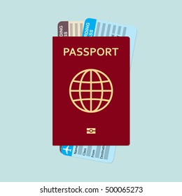 Passport with tickets flat icon. Documents for travel. Vector illustration.