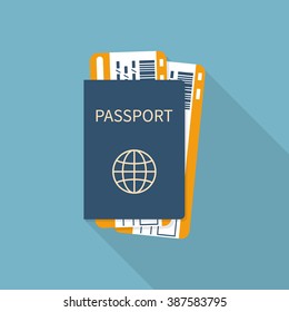 Passport with tickets flat icon isolated. Concept travel and tourism. Travel documents. International passport. Vector illustration.