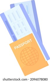 Passport with tickets semi flat color vector object. Documents for trip. Realistic item on white. Lifestyle isolated modern cartoon style illustration for graphic design and animation