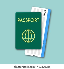 Passport and tickets top view isolated vector illustration. Material flat design of travel documents as seen from above.