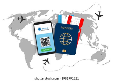Passport with tickets and vaccination certificate. Smartphone immunity passport with airplane tickets inside.Vacation and travel concept .World map,flying airplanes,vacation concept