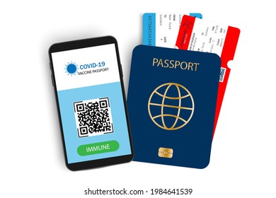 Passport with tickets and vaccination certificate. Smartphone immunity passport with airplane tickets inside.Vacation and travel concept .Vector isolated on white background. Immune passport.