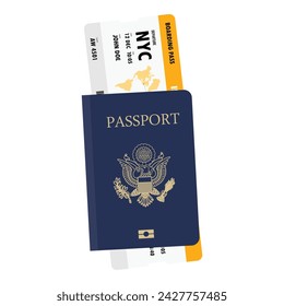 Passport with tickets vector illustation. Air travel concept. Blue international document pasport design. Citizenship ID for traveler isolated on white background