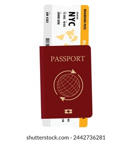 Pasaporte con vectores de entradas. Concepto de viaje aéreo. Diseño de pasaporte de documento internacional rojo. Identificación de ciudadanía para viajero aislado sobre fondo blanco