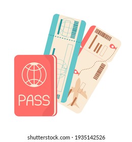 Passport with tickets,  vector illustration in flat style, isolated on white. Travel concept