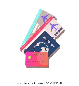 Passport with tickets vector illustration isolated on background. Concept icons travel and tourism.