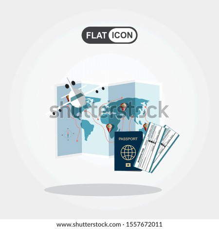 Passport Travel Document Vacation Trip Booking Air Plane Flight World Map Flat Vector Illustration