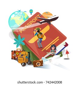 passport with travel and exploreration elements, enjoy travel - vector illustration