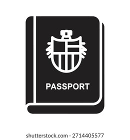 Icono de Vector negro sólido de la identificación del viaje del pasaporte aislado fondo blanco libro de documentos de identidad ciudadanía diseño de símbolo de frontera ilustración gráfica