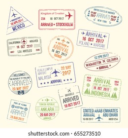 Passport travel stamps icons set with city names of Mexico, Stockholm and California or New York. Vector isolated symbols of country entry or arrival by airplane and stamped by migration officer