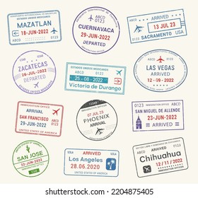 Passport travel stamps, journey visa of airport arrival and departure, vector. International passport travel stamps of Mexico, Las Vegas, Los Angeles, San Francisco and Phenix, San Jose and Sacramento