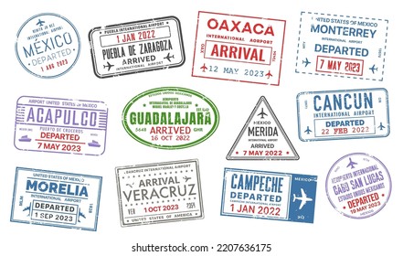 Passport travel stamps of Mexico country. Journey visa of mexican international airport vector set. Isolated grunge stamps of departure and arrival with colorful frames, planes, airplanes and ships