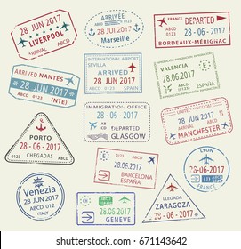 Passport travel stamps set with city names Britain Liverpool and Manchester or Glasgow, France Marseilles, Seville and Barcelona, Lyon, Venice and Geneva. Country arrival entry vector isolated icons