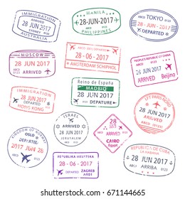 Passport travel stamps set with city names of Sydney, Manila or Amsterdam and Tokyo or Beijing and Hong Kong. Moscow, Madrid or Oslo and Cairo or Zagreb. Vector isolated icons of country arrival entry