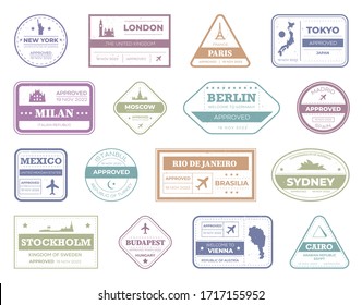 Passport travel stamps set. Visa stamp, arrival signs. Vector illustration for vacation, custom, security, approver identity concept